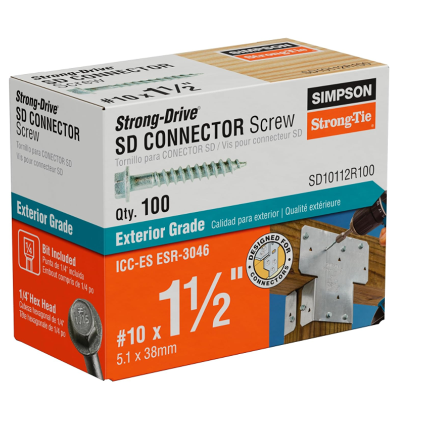 Image of a Simpson Strong-Tie box containing a 100-pack of #10 x 1-1/2 in. 1/4-Hex Drive Strong-Drive Structural Connector Screws, ideal for any project. The background shows these screws with metal connectors.